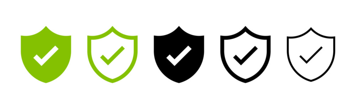 Shield check mark icon or security shield protection icon with tick symbol
