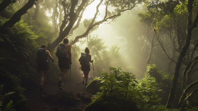 Family and friends hiking together in the Madeira foggy Fanal forest in the vacation trip week.