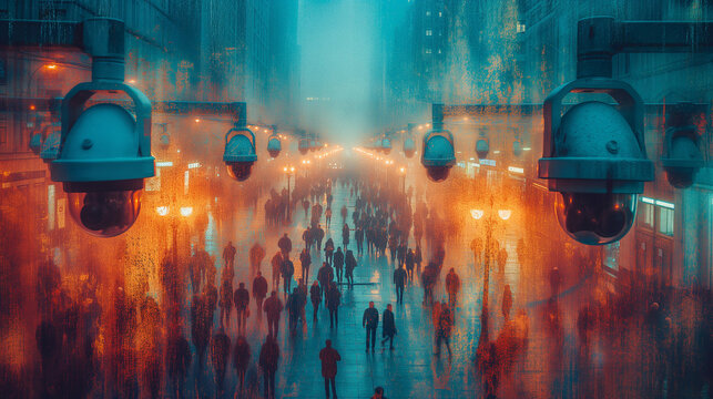 Urban street scene monitored by facial recognition technology, raising questions about privacy