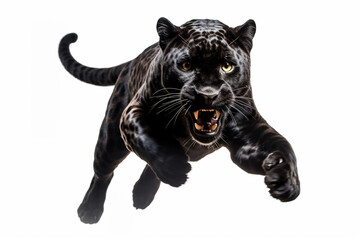 Black Jaguar leaping toward the camera on a white background, feline front portrait	