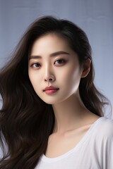 Naklejka premium Asian woman with long dark hair and white shirt.