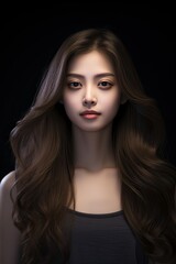 Fototapeta premium Asian woman with long brown hair and black top.