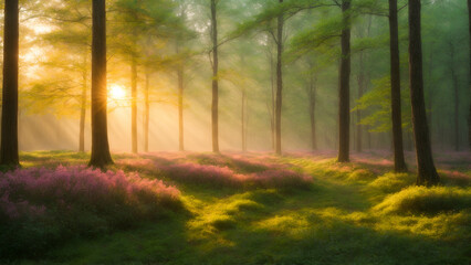 Obraz premium Morning mist in the forest, beautiful rays of sunlight in a green forest