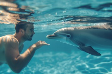 man with a dolphin swimming in the pool. dolphin therapy. - obrazy, fototapety, plakaty