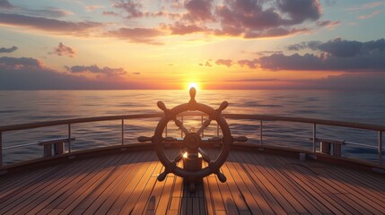 3D rendering, illustration of a ship steering wheel, commonly known as helm, at sunset