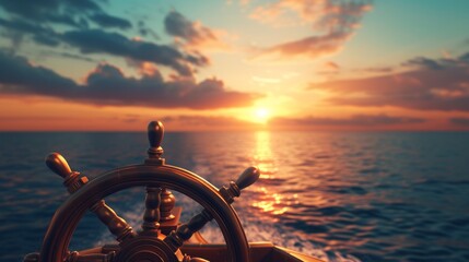 3D rendering, illustration of a ship steering wheel, commonly known as helm, at sunset - obrazy, fototapety, plakaty
