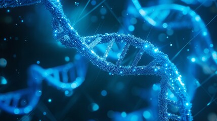 Abstract DNA medical background. 3d illustration of double helix blue DNA molecules uses in technology such as bioinformatics, genetic engineering, DNA profiling (Forensic science) and nanotechnology - obrazy, fototapety, plakaty