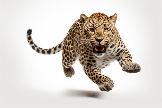 Leopard leaping toward the camera on a white background, feline front portrait.