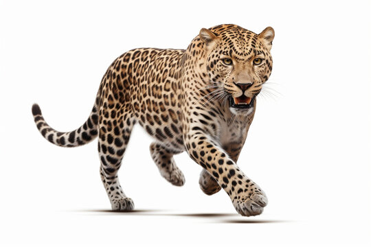 Leopard leaping toward the camera on a white background, feline front portrait.