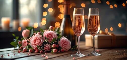 Champagne and beautiful rose bouquet. Romantic date, candle light dinner setting