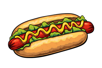 Cartoon-Illustration eines Hotdogs mit Sauce und Senf auf weißem Hintergrund