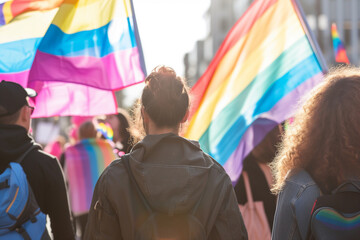 Back view of people with LGBT and Trans flags protest on the street