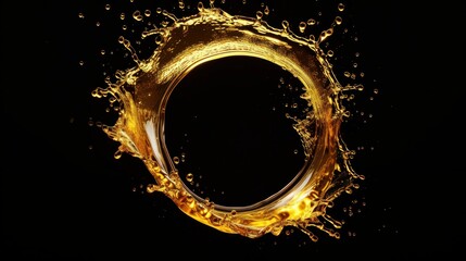 Beautiful olive or engine oil splashes arranged in a circle isolated on black background