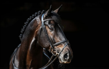 Horse performing dressage during the dressage competitions, close-up