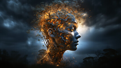 Environmental concept of climate change. Fantasy portrait of a human on the universe covered by trees and nature details. 