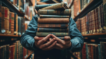 Mans hands holding pile of books against the shelves full of books. Education, library, science,...