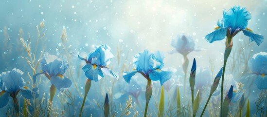 Blue Irises Dance in the Cloud-Filled Sky Background