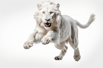 Obraz premium White Lion leaping toward the camera on a white background, feline front portrait.