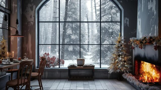 Cozy winter cafe interior with Christmas fireplace, looped footage