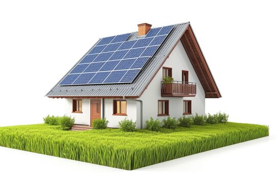 House with solar panels isolated on white background