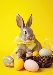 Fototapeta na wymiar Holiday easter rabbit with bow sits in a basket with decorated easter eggs, isolated on yellow background