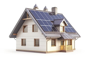 House with solar panels isolated on white background
