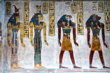 Four people standing in a line on the wall of the tomb of Ramesses III in the Valley of the Kings near Luxor, Egypt - 728102085