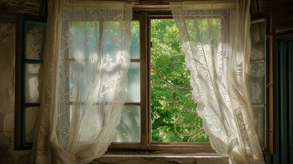 An open vintage window with lace curtains billowing in the April breeze, evoking a sense of timeless romance