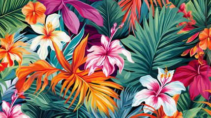 Lush Palm and Exotic Floral Pattern