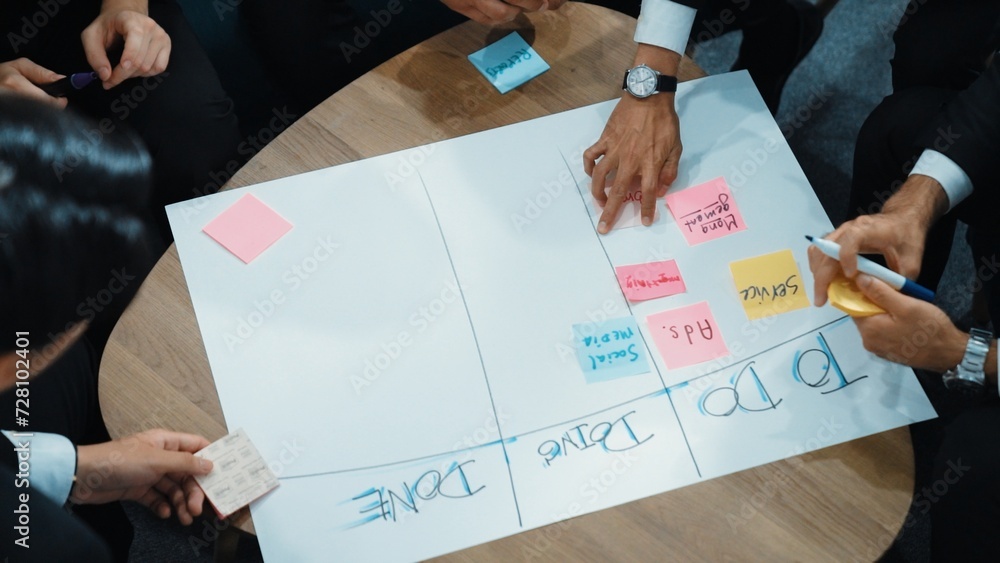 Poster top view of business people hands making scrum task board to manage workflow in workplace. diverse m