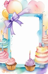 Birthday card with cakes and bows frame. Birthday card mockup - 728102672
