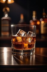 Glass of whiskey with ice on a bar counter against dark unfocused lights on background - 728102680
