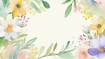 Pastel colors flowers and plants on a card mockup. Card with copy space framed by olive colors flowers and plants - 728102693