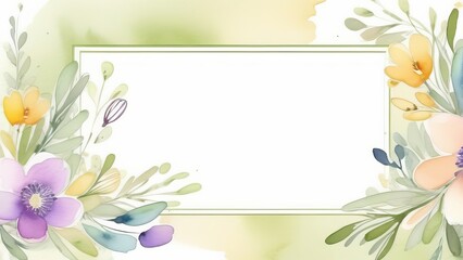 Pastel colors flowers and plants on a card mockup. Card with copy space framed by olive colors flowers and plants