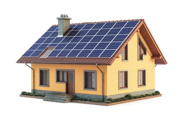 House with solar panels isolated on white background