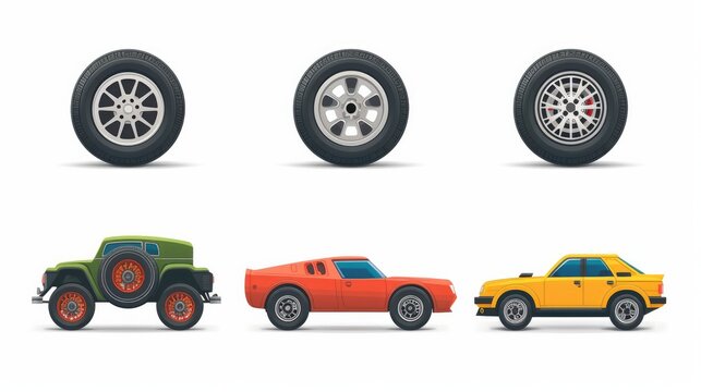 Car and other vehicle wheel flat icons set on white background. Multiple style tyre and wheel for gaming and other designing. Editable vector, easy to reuse
