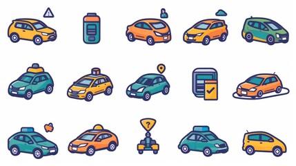 Car rental and sharing concept editable stroke outline icons set isolated on white background flat vector illustration. Pixel perfect. 64 x 64