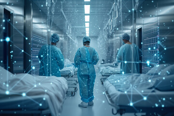 Implementation of 5G technology in healthcare. Photo of a modern hospital corridor with hospital bed and surgeons in the middle shown from the back. 