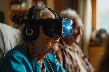 Gamification in healthcare showing older female patient laying in a hospital bed and wearing a virtual reality headset. Caucasian older lady is wearing VR goggles for relaxation in an elderly home - obrazy, fototapety, plakaty