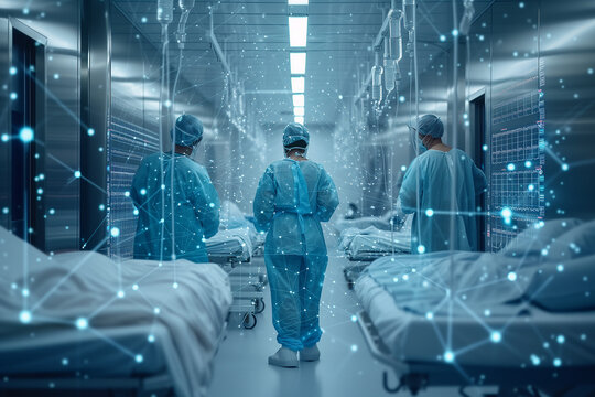 Implementation of 5G technology in healthcare. Photo of a modern hospital corridor with hospital bed and surgeons in the middle shown from the back. 