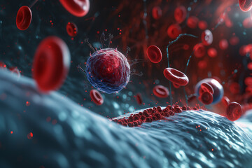 Nanotechnology is employed for targeted drop of blood cells. Science And Health, Platelets flow in blood vessels, 3D animation, vein cells Flow animation. Red blood cells in the vein. - obrazy, fototapety, plakaty