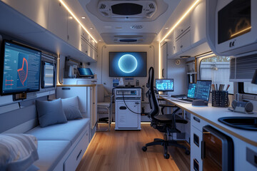 Mobile diagnostic unit. Futuristic mobile examination room for patience where everything needed for fast health check is inside and ready to use - obrazy, fototapety, plakaty
