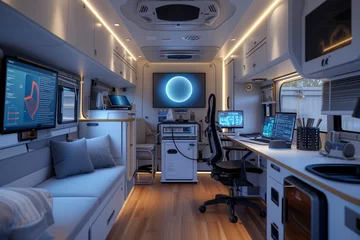 Foto op Plexiglas Mobile diagnostic unit. Futuristic mobile examination room for patience where everything needed for fast health check is inside and ready to use © ivlianna
