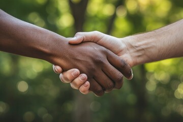 Handshake of people of different races, close up photo. Generative AI
