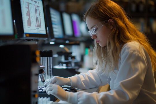 Bioinformatics Lab Where Scientists Analyse Data For Vaccine Development In A Lab.Beautiful Caucasian Ginger Female Doctor Is Working With Viruses And Checking Results Under Microscope In A Laboratory