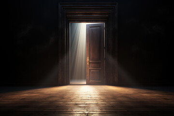 Bright rays are visible from the slightly open door. The door to a better future or paradise. Generated by artificial intelligence - obrazy, fototapety, plakaty