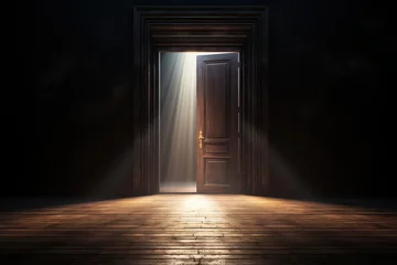 Fotobehang Bright rays are visible from the slightly open door. The door to a better future or paradise. Generated by artificial intelligence © Vovmar