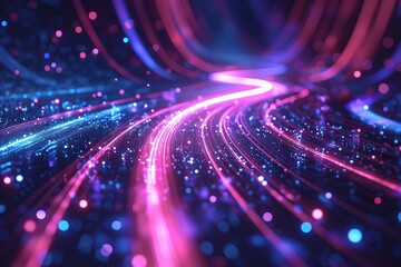 Data transfer concept, abstract background with pink blue glowing neon lines and bokeh lights
