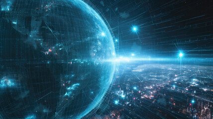 Obraz premium The cyber planet in the cyber space and high technology and unknown space around. Universe science astronomy space background wallpaper