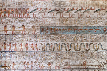 Intricate details and hieroglyphics in a tomb in the Valley of the Kings near Luxor, Egypt